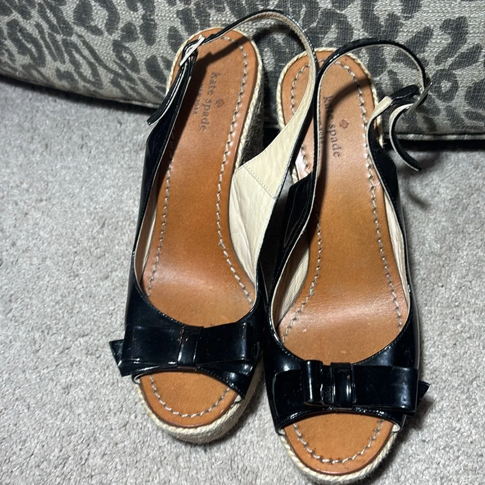 kate spade black patent leather bow platform wedge espadrille open toe heels
